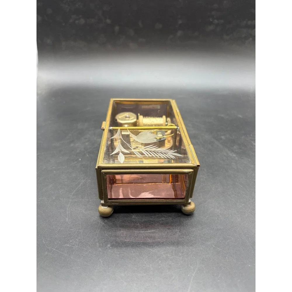 Vintage Sankyo Glass Brass Music Box Etched Bird Pink Rose Send in the Clowns